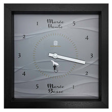 Load image into Gallery viewer, Horloge des Marées « Ar Louet » Cadre vitrine en Bois Noir ou Naturel – Vitre en verre Dimension : 28 cm x 28 cm x 5 cm Mouvement silencieux indicateur de marées. L’aiguille fait le tour du cadran en 12h 25mm 14 sec. Impression haute résolution anti UV. Accroche murale intégrée. Pile fournie. Garantie 1 an.